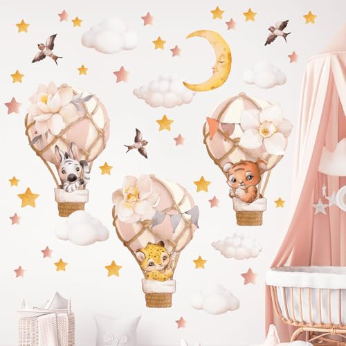 Wally Fox - Wandtattoo Kinderzimmer - Wandsticker mit Tieren in Luftballons, Rosa, Sterne, Mond, Heißluftballons - 44 Stk