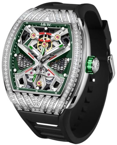 TEINTOP I&W Automatik Uhr Herren Tonneau Skelett Uhren Japanische Bewegung Armbanduhren (Silber Grün Schwarz Armband)