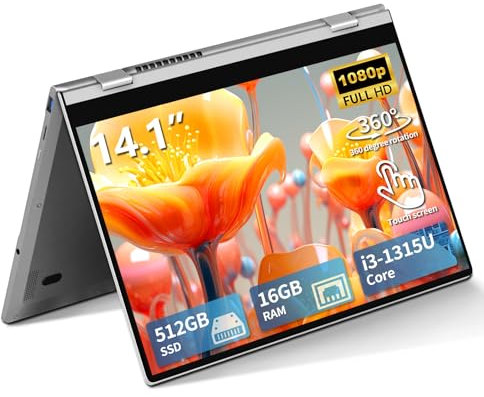 14,1 Ordenador Portátil 2 en 1, Windows 11 PC Portátil Core i3-1315U CPU, Portatil 16GB RAM 512GB SSD, Laptop con Teclado Retroiluminado+Desbloqueo por Huella Dactilar, Pantalla Táctil Giro de 360°