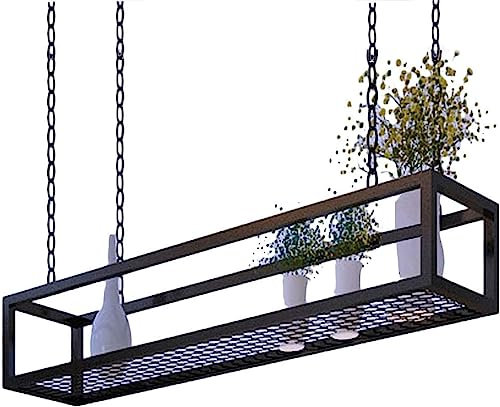 Hängendes Topfregal, Küchenregal mit Blumenständer, kreative Decke, Kochgeschirr, Aufhänger, Aufbewahrung für Bar, Restaurant, schwarzer Metallrahmen, Eisenrahmen, 120 x 25 x 15 cm