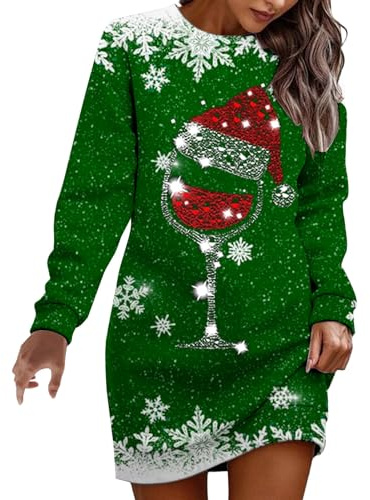 Weihnachtskleid Damen Pulloverkleid, Weihnachts Strickkleid Rundhals, Weihnachtskleider Damen mit Rot Weinglas Muster Minikleid Große Größen Weihnachtskleidung Christmas Dress Kleid Weihnachten Damen