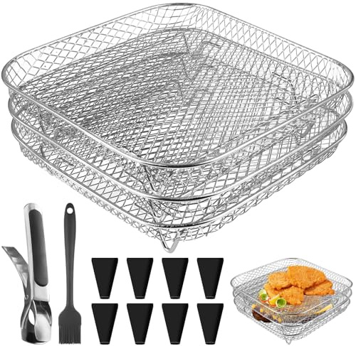 GOMETY 3 pezzi Air Fryer Rack in acciaio inox 304 Airfryer Rack accessori cestello impilabile friggitrice ad aria calda quadrata Air Fryer Tray Griglia con piedini in silicone, pinzette, spazzola