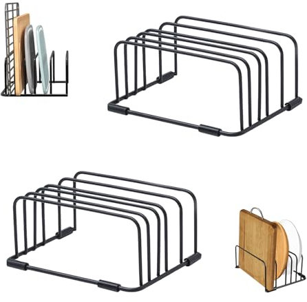 Keboyoe 2 Piezas Soporte para Tabla de Cortar con 5 Compartimentos Organizador Bandejas Cocina Soporte Tapas Ollas para Tablas y Bandejas - Ahorra Espacio y Mantén tu Cocina Ordenada(Negro)