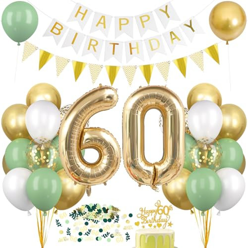 Deko 60. Geburtstag Salbeigrüne, Luftballons 60 Geburtstag Deko Set Grün Weiß Gold, Ballon 60 mit Banner Tortendeko, Happy Birthday Girlande, für Frau Männer 60 Jahre Geburtstagsdeko