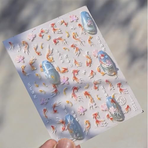 GlamRays Goldfish Nail Art Stickers Sparkling Koi Fish Nailstickers 5D Relief Koi Lotus Leaf Chinese Style Manicure Decals Accessories Shell Light Goldfish