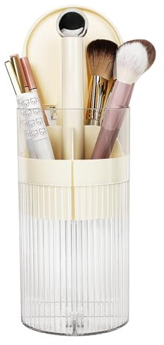 JessLab One-Touch Pop-Up Makeup Brush Organizer with Lid, Dustproof Cosmetic Brush Holder, 4-Compartment Large Capacity for Vanity, Bathroom Countertop, White
