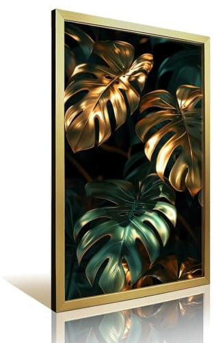 IEZUENR Monstera Gold Leaf Poster Printed on Canvas with Frames,Decorative Wall Art Prints 08x12inch(20x30cm)
