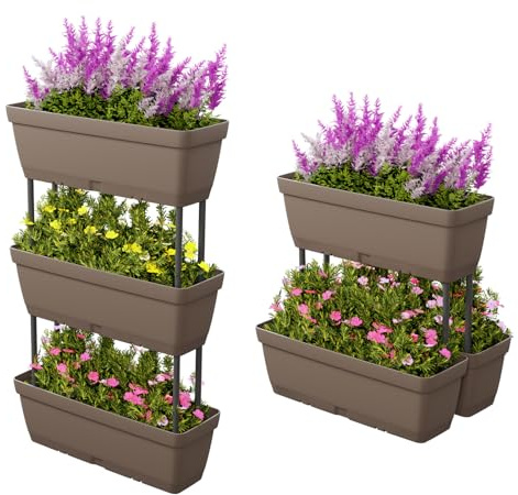 COSTWAY 6 Stück Blumenkästen, DIY-Design, 49 cm lang, Pflanzkästen mit Drainagesystem, Vertikales Hochbeet, Pflanzkübel für Garten Terrasse Balkon, Blumentöpfe aus Kunststoff (Grau)
