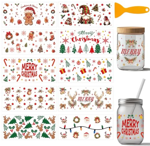 arricraft 10 Sheets Christmas Theme UV DTF Cup Wrap for 16OZ Glass, Santa Dwarf Deer Snowman Gingerbread Man Rub on Decals PVC Transfer Stickers for DIY Cups Wood Funiture Christmas Supplies