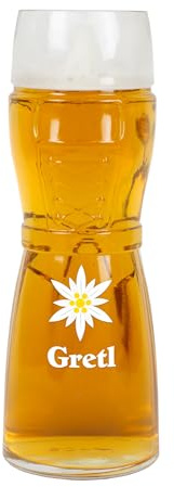 Herz & Heim® Personalisiertes Bierglas im Trachten-Look – 0,5 l Glas in Dirndl- oder Lederhosen-Optik – Aufdruck mit Name – Geschenkidee für bayerische Volksfeste (Dirndl, Edelweiß)