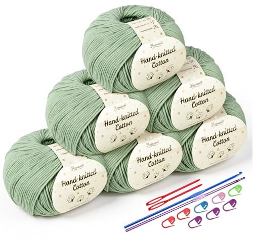 Baumwolle Mattgrün 6er,Homewit 100% Baumwollgarn für Baby Superweiche Kindermilch Häkel- & Strickgarn - (50 g/Ball) mit 2 Metallhäkelhaken (2,5-3,5 mm) Baby Fluffy Ball zum Handstrickgarn