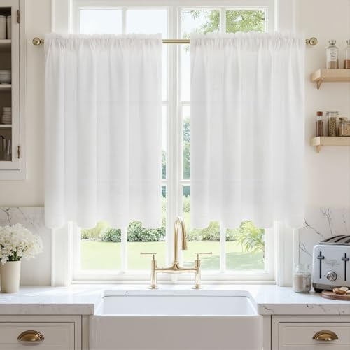 MRTREES Rideau Cuisine Effet Lin Blanc, Rideaux Courts Lin Brise Bise Moderne 2 Pièces 60 cm de Large x 90 cm de Haut Voilage Semi-Transparent Passe Tringle Petite Fenêtre Meuble Bas