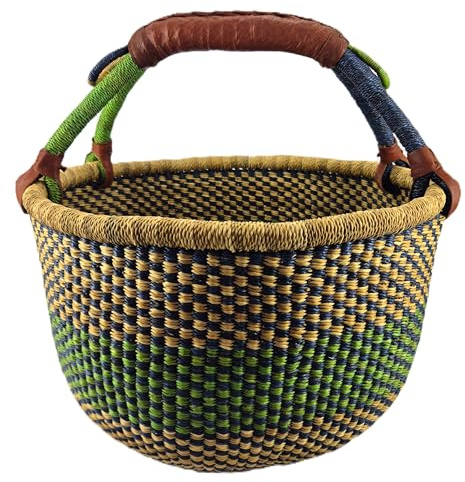 Großer Bolga Rundkorb ca Ø 40 x 40 cm – Original aus Ghana – Handgefertigt – Fair Trade – Einkaufskorb mit Ledergriff Grun-Natur