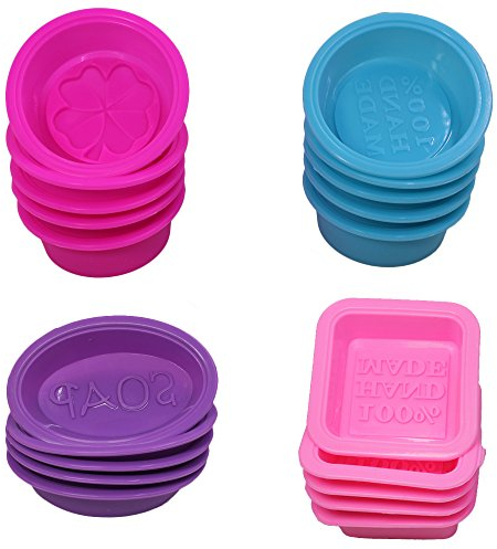 20 piezas jabón silicona que hace moldes, cuadrado redondo ovalado forma, FineGood suave mollete magdalena hornear pan arte hecho casa bricolaje, grado alimenticio - rosa, azul, rojo rosa, púrpura
