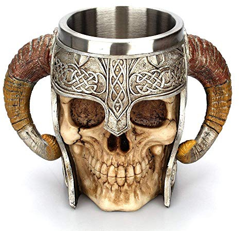 Taisuko médiéval Mug, en Acier Inoxydable RAM Cornes Viking Pirate Gothique crâne Mug Tankard Coupe, château médiéval Lord Knight Skeleton Tankard Stein pour bière vin café 500 ML (17 oz)