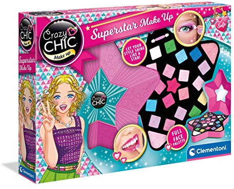 Clementoni 18604 Crazy Chic – Superstar Make-Up, farbenfrohes Make Up Set, Kosmetiktasche mit Lipgloss, Lidschatten & Foundation, inkl. Schminkspiegel, für Kinder ab 6 Jahren