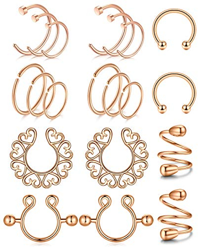 AceFun 10 Paare Brustwarzenpiercing Fake Nippelschmuck Ohne Piercing - Rosegold Edelstahl Nippel Ringe Body Schmuck für Frauen Männer