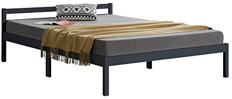 [en.casa] Holzbett Nakkila Bettgestell 140x200 cm Doppelbett mit Kopfteil Jugendbett Gästebett Kiefernholz Dunkelgrau