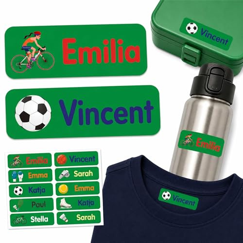 Indigos UG - Namensaufkleber Kinder Schule - 35–105 Sticker 35x10mm - Sport grün - Kindergarten - mit Wunschtext personalisierbar - wasserfeste Wäscheetiketten selbstklebend