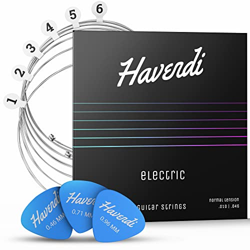 HAVENDI® Cuerdas de guitarra eléctrica – Cuerdas de acero para guitarra eléctrica con revestimiento de níquel (juego de 6 cuerdas), incluye 3 púas