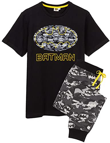 DC Comics Batman Pyjamas For Men | Short OR Long Leg Bottom Options Camo PJS | Adults Superhero Black T-Shirt & Adjustable Drawstring Loungepants Gift