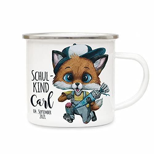 ilka parey wandtattoo-welt Emaille Becher Einschulung Camping Tasse Fuchs Schultüte Junge Schulkind & Name Datum Kaffeetasse Geschenk Schulanfang eb609