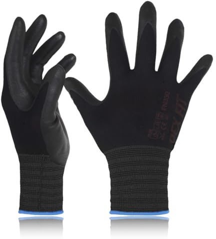 DEX FIT Nitrile Work Gloves FN330, 3D Comfort Fit, Touchscreen Grip Gloves for Warehouse, Construction, DIY, Gardening & General Work, Men & Women Black, XS, 12 Pairs