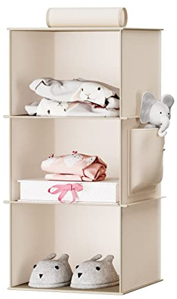 YOUDENOVA Hängeregal Stabiler Kleiderschrank Organizer Hängeaufbewahrung Schrankorganizer Hängeorganizer mit Bambus-Stöcke und MDF-Platten Verstärkt 3 Fächer Beige