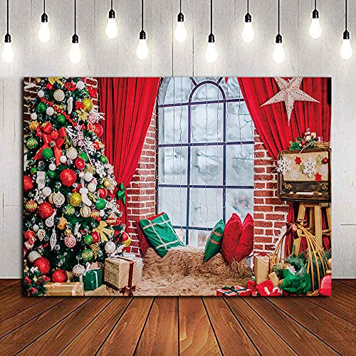 Christmas Photography Backdrop Indoor Xmas Tree Photo Background Xmas Window Festival Party Decoration Banner Photo Booth Studio Booth Props (7x5FT)