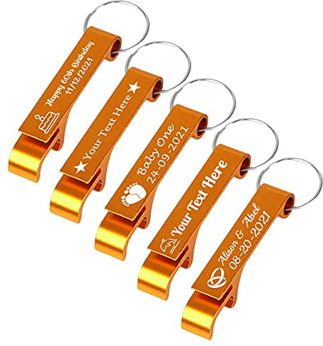 BYWEXCLESD Personalised Bottle Opener Keyring Custom Bottle Opener Keychain Bulk for Men Boyfriend Wedding Favors Party Free Engraving Logo Name Text 5Pcs, Gold