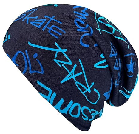 Wollhuhn Kinder Beanie – Zweilagige Longbeanie aus Jersey, wendbar & weich – innen grau – Handmade in Deutschland – ganzjährig (DE/NL/SE/PL, Numerisch, 48, 50, Cool Music Blautöne)