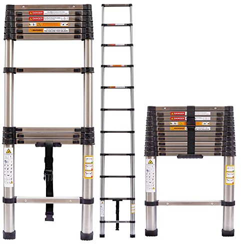 Teleskopleiter 3,2M, Klappleiter, Edelstahl, Leiter max. 150 kg,von Wohnmobilen, Gartenarbeiten, Reparaturen von Ästen und Zäunen und mehr