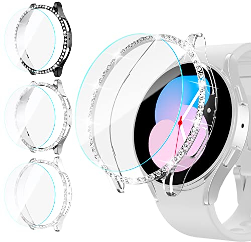 44MM Glitzer Hülle Schutzfolie Combo für Galaxy Watch 5 Watch 4, [3+3] Stück Haojavo Schutzhülle mit Strasssteine Schutz und HD Gehärtetes Displayschutz Kombination für Samsung Watch4 Watch5 44 MM