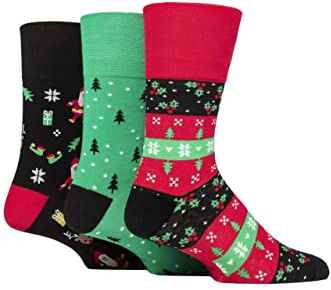 SockShop Gentle Grip Mens Soft Top Breathable Cotton Novelty Christmas Patterned Socks in a Multipack of 3