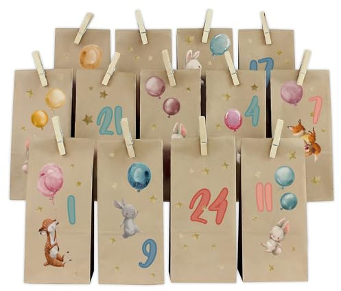 Yabaduu DIY Adventskalender Zahlen mit Papiertüten zum Aufkleben Nummern 1-24 Selbstklebende Sticker für Weihnachten Bastelset zum Befüllen Y067 (08 Hasen Bogen)