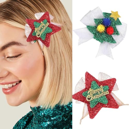Evlry Lot de 2 Barrettes de Noël avec nœud de pinces à cheveux forme d'étoile Arbre de Noël Accessoires Cheveux de Fête pour Filles Femmes