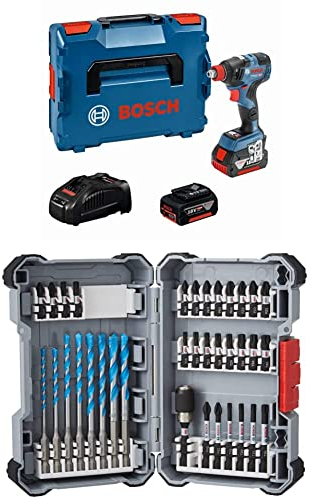 Bosch Professional Akku Drehschlagschrauber GDX 18V–200 C (inkl. 2x 5,0 Ah Akku, in L-BOXX) + 35tlg. MultiConstruction Bohrer- und Impact Control Schrauberbit-Set (Pick and Click, HEX-9, Zubehör)