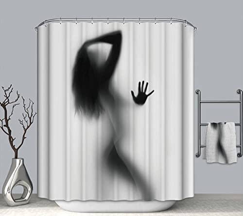 EHOMERY Rideau Douche Lourd Rideau Baignoire Oriental Femme Sexy Rideau De Douche Lesté Anneau Rideau Salle De Bain Polyester Noir Blanc 12 Anneaux De Crochets, 180X180Cm