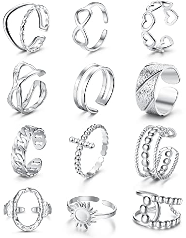 Chriscoco 12 Stück Verstellbar Ringe Set Edelstahl Ringe Frauen Vintage Edelstahlringe Boho Freundschaftsringe Stapelbare Damen Kinderringe Mädchen Ringe Silber Frauen