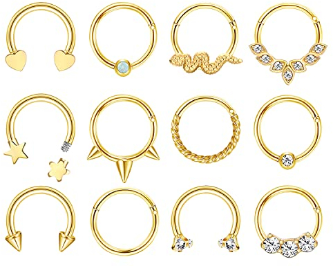 MILACOLATO 16G Septum Rings Stainless Steel Septum Clicker Hinged Lip Nose Rings Hoop Gold 8mm CZ Star Heart Cartilage Tragus Helix Earrings Daith Conch Piercing Jewellery For Women