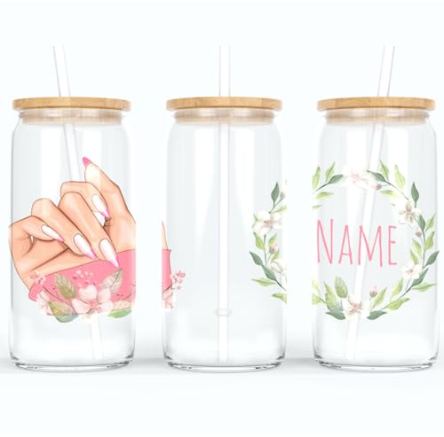 online-hut - personalisierbar - Trinkglas - Longdrink Glas - Becher aus Glas - mit Nails, Blumenkranz und Name - Dein Wunschname - A-NB-10-1 (Transparent)