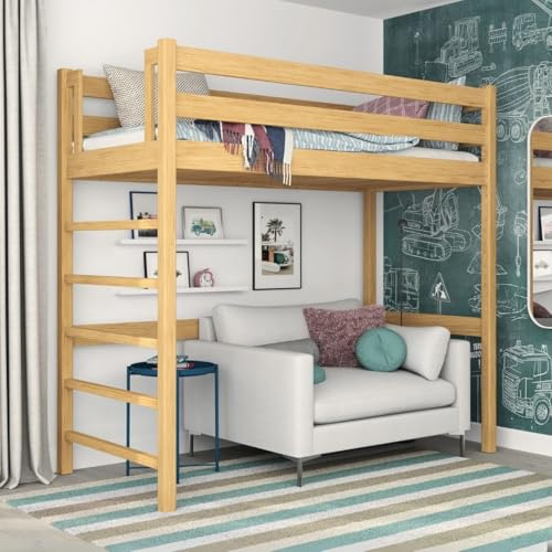 N-wood N01 Hochbett Holz 90x190 cm, Einzelbett, 2 Leitermontageseiten: Links oder rechts, sichere abgerundete Kanten, Stabile Massivholzkonstruktion, inklusive Lattenrost, Naturkiefer
