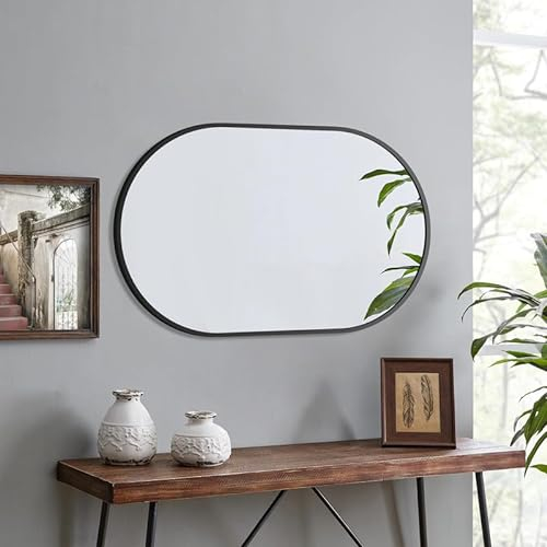 WOWINNE Spiegel Schwarz 80x50cm Ovaler Wandspiegel mit Metallrahmen Dekorative Spiege für Badezimmer Wohnzimmer Schlafzimmer Gäste WC, Vertikal & Horizontal