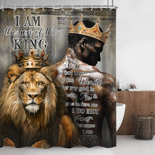 Omifly Duschvorhang, Motiv: König der Löwen, 152 x 183 cm, schwarzer Mann, inspirierendes Zitat, afrikanische amerikanische christliche Schrift, motivierende Worte, cool, mit 12 Kunststoffhaken,