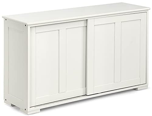 KOMFOTTEU Aparador Auxiliar Bajo de Madera, Armario de Cocina con Estante Ajustable y Puertas Correderas, Mueble Buffet para Comedor, Pasillo, 107 x 33 x 60 cm (Blanco)