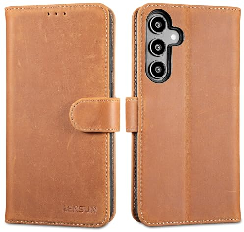 LENSUN Echtleder Hülle für Samsung Galaxy A35 5G, Handyhülle [Echtes Leder][Magnetverschluss][RFID] Handytasche Lederhülle Flip Cover für Galaxy A35 - Vintage Braun
