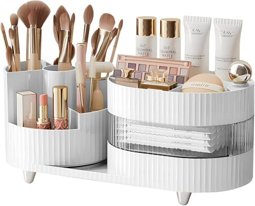 Organisateur Maquillage 2 en 1, Boîte de Rangement Compartiments Tiroir et Pot Pinceau Maquillage Rotatif, Organizer Cosmétiques Skincare Parfum pour Chambre Coiffeuse Salle de Bain