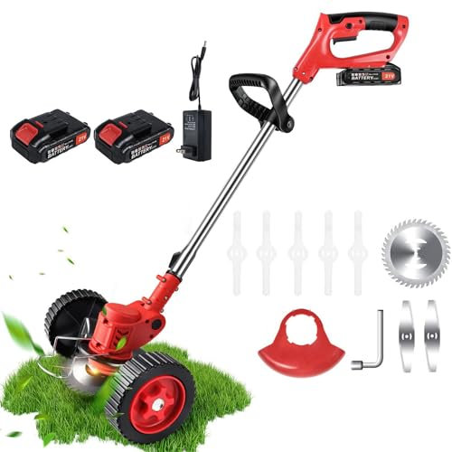 Tondeuse à Gazon électrique portative, désherbeur sans Fil avec Roue, Longueur et Angle réglables, livré avec Deux Batteries, Tondeuse à Gazon Rechargeable avec 3 Types de Lames, adaptée