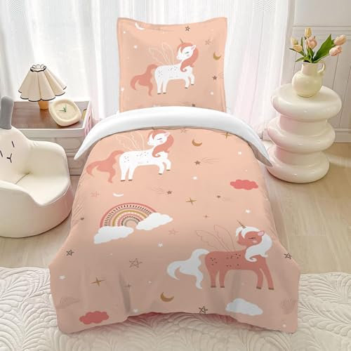 HOM Einhorn Bettwäsche 135x200 Mädchen - Rosa Regenbogen Bettwäsche für Kinder - mit 80x80cm Kissenbezug 2 teilig