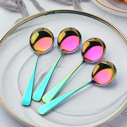 Buyer Star Stainless Steel Soup Spoon, 6 Pieces Rainbow Round Dessert Spoon Cutlery, 6.3-Inch Stainless Steel Spoon for Cereal, Porridge, Fruit, Yogurt, Dishwasher Safe - Colourful